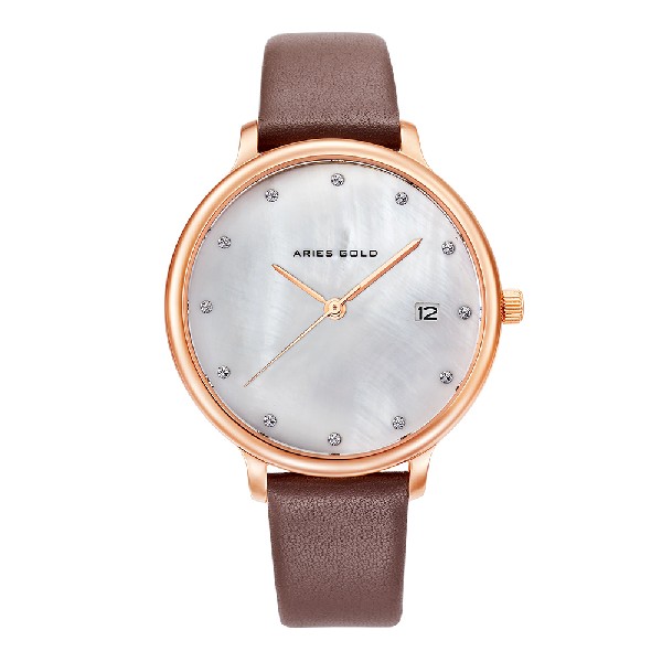 ARIES GOLD ENCHANT FLEUR ROSE GOLD STAINLESS STEEL L 5035 RG-MP LEATHER STRAP WOMEN'S WATCH
